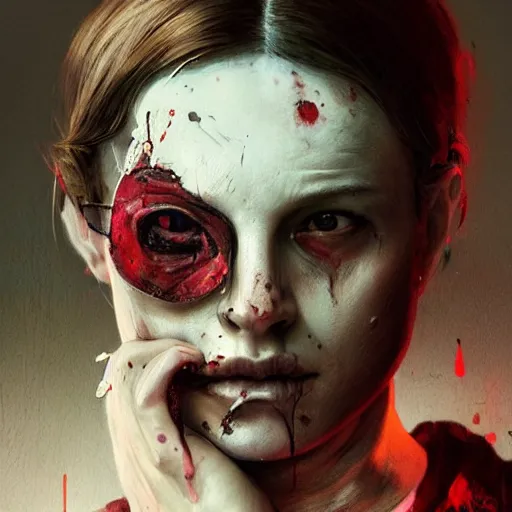 Image similar to portrait painting of a bloodied serial killer with a hello kitty mask, ultra realistic, concept art, intricate details, eerie, highly detailed, photorealistic, octane render, 8 k, unreal engine. art by artgerm and greg rutkowski and alphonse mucha