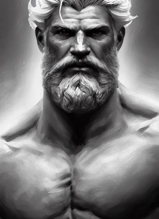 Prompt: painted portrait of rugged zeus, greek god, white hair, masculine, mature, handsome, upper body, muscular, hairy torso, fantasy, intricate, elegant, highly detailed, digital painting, artstation, concept art, smooth, sharp focus, illustration, art by gaston bussiere and craig mullins