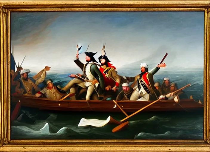 Prompt: oil painting of Washington Crossing the Delaware but Washington is taking a selfie