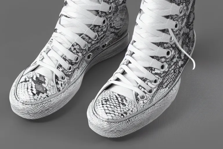 Image similar to snakeskin converse sneaker on a white surface, clean 3 d render, beautiful studio lighting, soft, sharp focus, intricate detail, art by iris van herpen