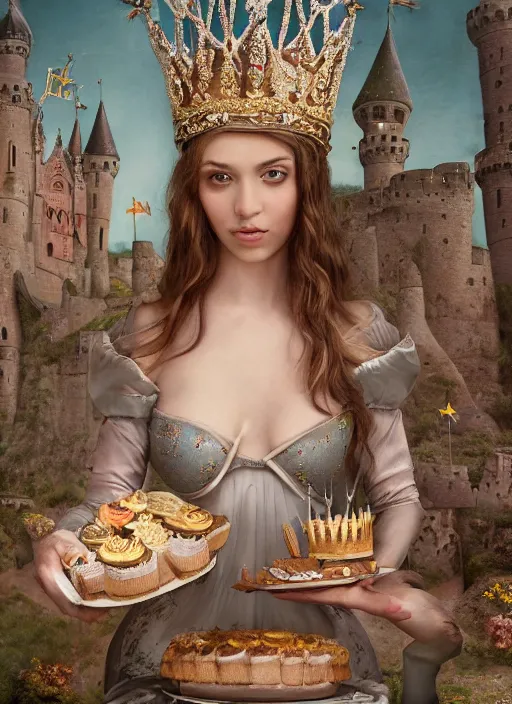 Image similar to closeup medieval bosch face portrait of a fairytale princess wearing a crown eating cakes in the castle, bikini, depth of field, zeiss lens, detailed and intricate environment, fashion photoshoot by nicoletta ceccoli, mark ryden, lostfish, breathtaking, 8 k resolution, extremely detailed, beautiful, establishing shot, artistic, hyperrealistic, octane render