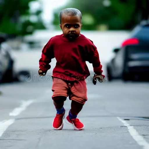 Prompt: portrait of midget kanye west running down a sidewalk, sharp focus, 4 k editorial photograph, soft lighting