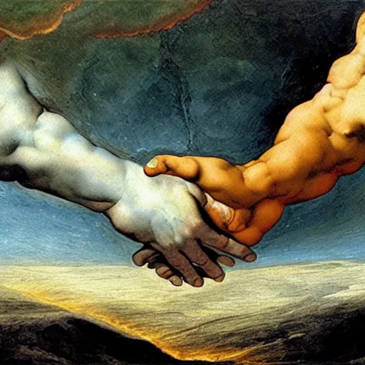 Prompt: the creation of the human race from the cosmos, detailed oil painting by goya and michelangelo and alan lee