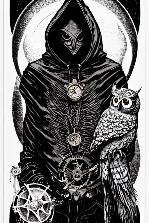 Prompt: side view of a hooded steampunk alchemist wizard holding his majestic owl on glove, high details, bold line art, by vincent di fate and joe fenton, inking, etching, screen print, masterpiece, trending on artstation, sharp, high contrast, hyper - detailed,, hd, 4 k, 8 k