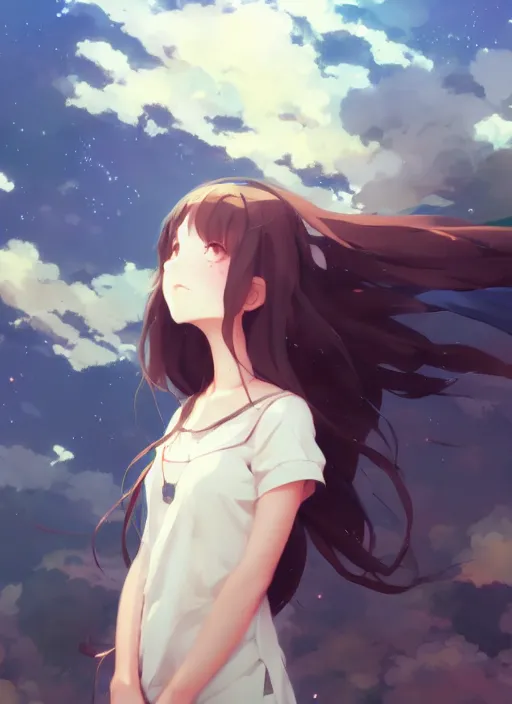 Prompt: portrait of cute girl, cloudy sky background lush landscape illustration concept art anime key visual trending pixiv fanbox by wlop and greg rutkowski and makoto shinkai and studio ghibli and gustav klimt