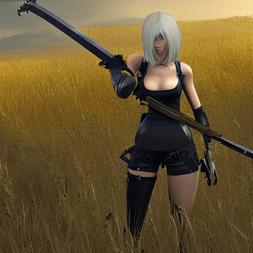 Image similar to a high resolution very detailed image of a 2 with a sword in russian tank boss fight from nier : automata in yellow rye field under pure blue skies