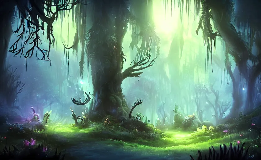 Image similar to dark ominous mysterious ambient magical forest landscape painting, fantasy, dreamlike, foggy, romantic, in the style of Ori and the Blind Forest