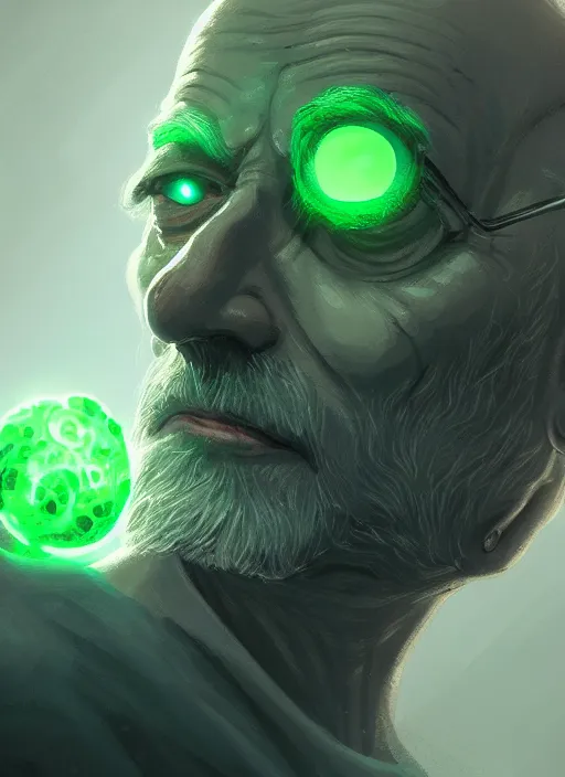 Image similar to a highly detailed illustration of bald old man smoking with green glowing eyes, dramatic standing pose, nuclear background, intricate, elegant, highly detailed, centered, digital painting, artstation, concept art, smooth, sharp focus, league of legends concept art, wlop.