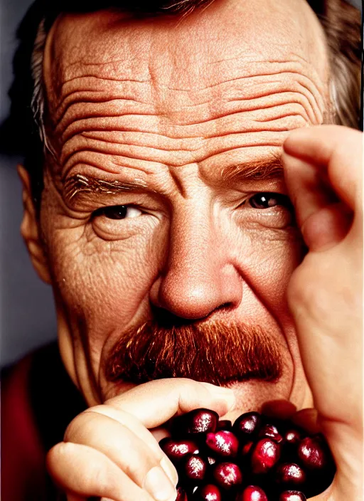 Image similar to bryan cranston bulging cheeks eating cranberries, open mouth filled with cranberries, studio light, bloom, detailed face, magazine, press, photo, steve mccurry, david lazar, canon, nikon, focus