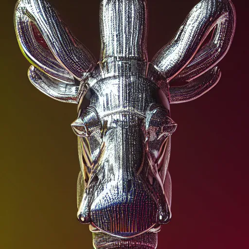 Image similar to chrome moose, glossy, metallic, neon, symmetrical, tribal patterns, realistic, unreal engine, octane, redshift, artstation, behance