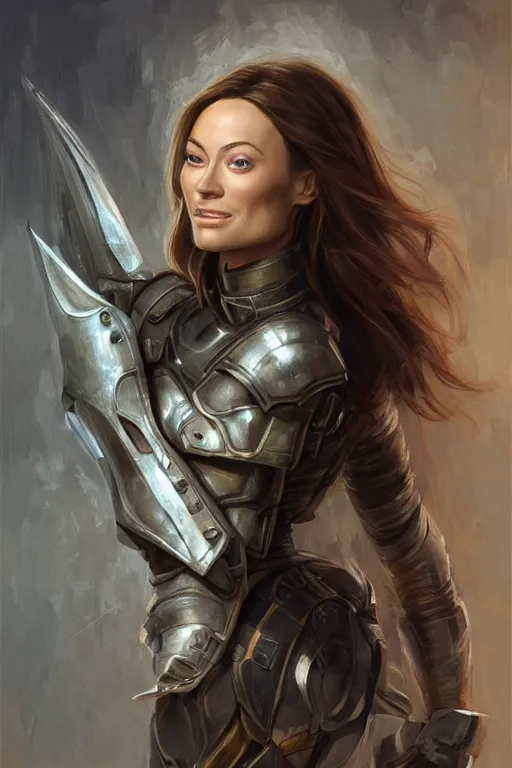 Image similar to a professional painting of a young Olivia Wilde, clothes in military armor, olive skin, long dark hair, beautiful bone structure, symmetrical facial features, intricate, elegant, digital painting, concept art, smooth, sharp focus, illustration, from StarCraft by Ruan Jia and Mandy Jurgens and Artgerm and William-Adolphe Bouguerea