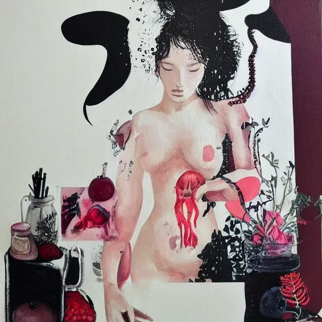 Image similar to “ a portrait in a female art student ’ s apartment, sensual, a pig theme, art supplies, surgical iv bag, octopus, ikebana, herbs, a candle dripping white wax, black walls, squashed berries, berry juice drips, acrylic and spray paint and oilstick on canvas, surrealism, neoexpressionism ”