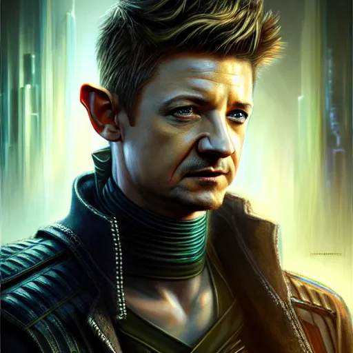 Image similar to portrait painting of a cyberpunk elven cop who looks like jeremy renner, ultra realistic, concept art, intricate details, eerie, highly detailed, photorealistic, octane render, 8 k, unreal engine. art by artgerm and greg staples and elsa beskow