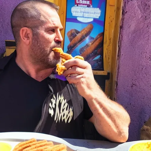 Prompt: thanos from mcu eating a churros at a bar in tharros ( sardinia )