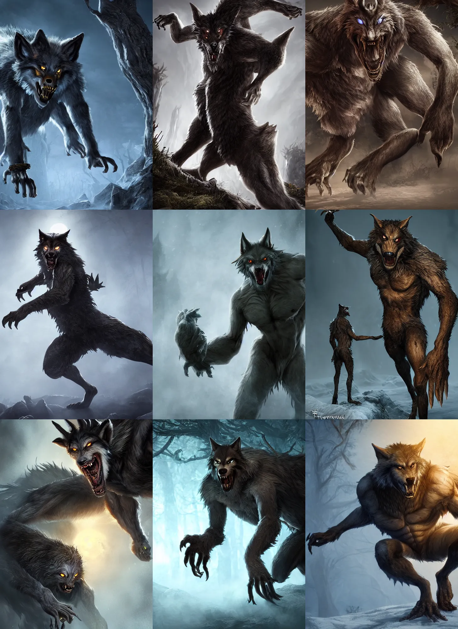 Prompt: Werewolf mythical creature. Full body, dark fantasy, detailed and realistic, 4k, top art-station, inspired blizzard games, octane render