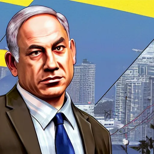 Prompt: benjamin netanyahu in a GTA v cover art