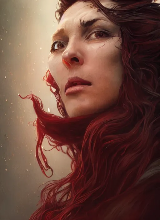 Image similar to vertical portrait of a ruggedly handsome female witch furious screams she wants to live, soft hair, close - up face, leather, witchy, d & d, fantasy, intricate, elegant, highly detailed, digital painting, artstation, concept art, smooth, sharp focus, illustration, art by artgerm and greg rutkowski and alphonse mucha, plain red background