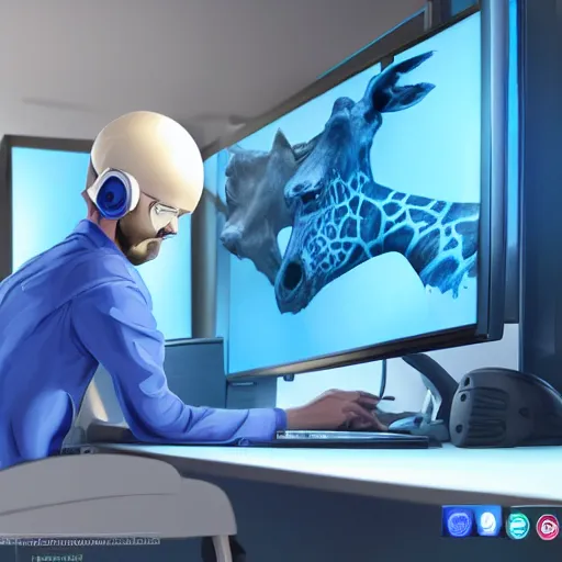 Image similar to concept art of blue giraffe in the office working on a computer, full view, full size, hyper detailed, digital art, artstati on, high definition cgsociety, sk, render, cinematic, symmetry, hyper realistic