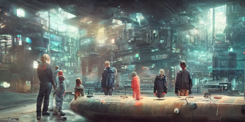 Image similar to photograph of a cyberpunk submarine interior set with a child standing next to lifeless adults. cinematic lighting, color contrast, arri alexa, anamorphic bokeh, professional lighting, 4 k, photographed by erik johansson, graded with davinci resolve