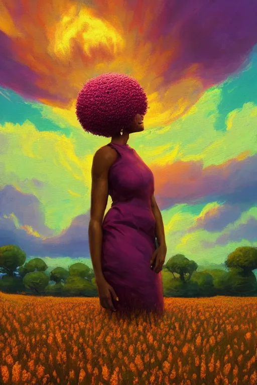Image similar to closeup, giant flower as head, african woman in heather field, surreal photography, golden hour, colorful clouds, impressionist painting, digital painting, artstation, simon stalenhag
