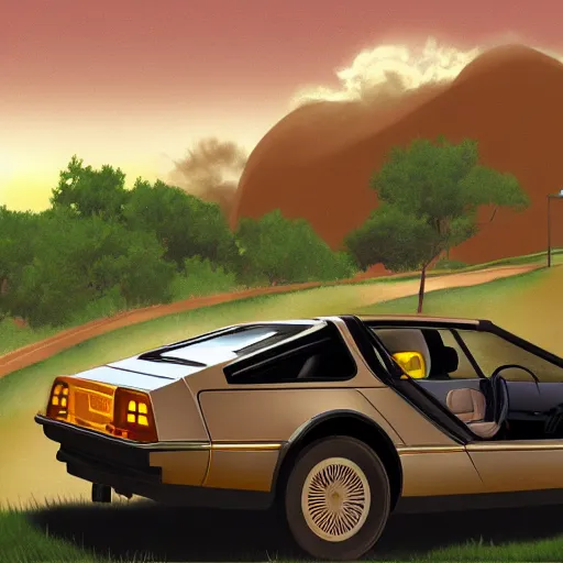 Prompt: a sepia photograph of a delorean time machine on the oregon trail, trending on art station,
