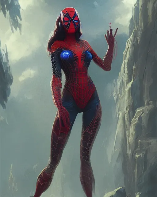 Image similar to a beautiful spiderwoman wearing a magical armor posing in a magical road town, hyper realistic face, fantasy art, in the style of greg rutkowski, illustration, epic, fantasy, intricate, hyper detailed, artstation, concept art, smooth, sharp focus