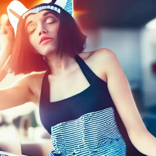 Image similar to cute woman wearing tank top and cat ears plays on computer, smooth art, sun flare