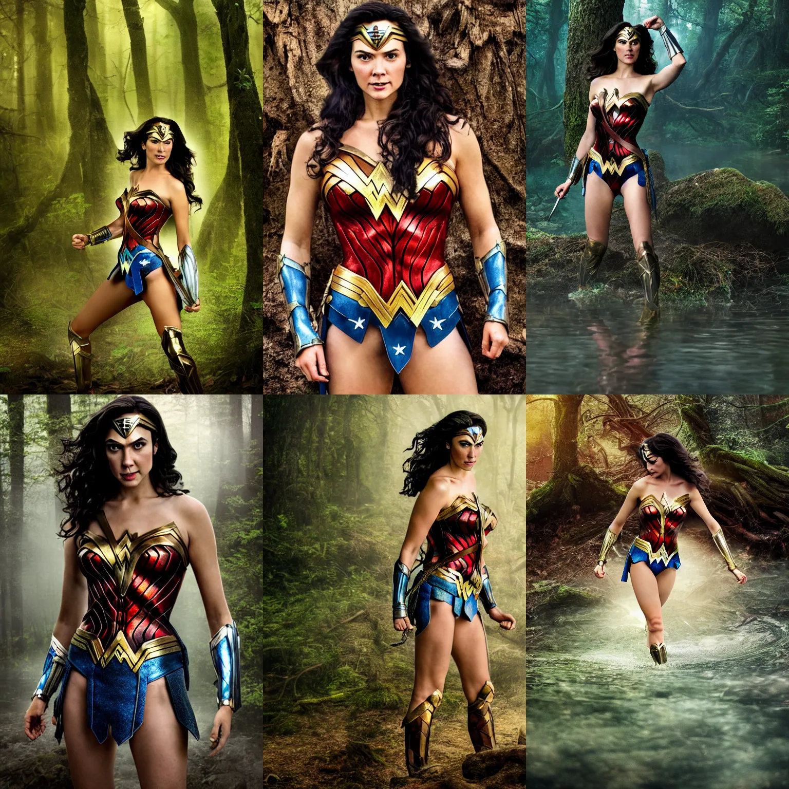 Prompt: Wonder Woman as a forest nymph emerging from the water, award-winning photograph, sensuality, 4k