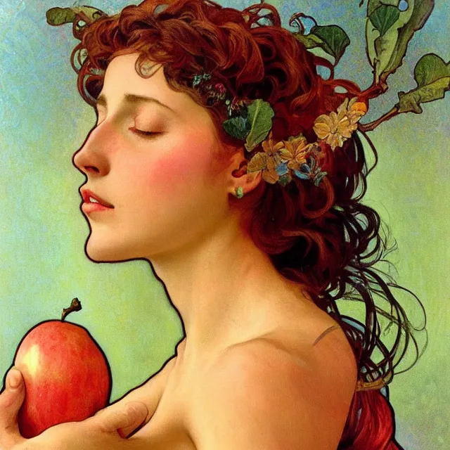 Image similar to an aesthetic! detailed close - up portrait of an aesthetic woman crying mournfully while holding an apple, by frank frazetta and alphonse mucha, oil on canvas, bright colors, art nouveau, epic composition, dungeons and dragons fantasy art, hd, god - rays, ray - tracing, crisp contour - lines, huhd - 8 k