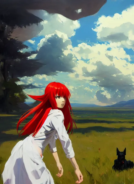 Prompt: Greg Manchess painting of Asuka Langley Soryu in a casual white dress out with the dogs, EVA unit-00 in the back, countryside, fantasy character portrait, dynamic pose, above view, sunny day, thunder clouds in the sky, artwork by Jeremy Lipkin and Giuseppe Dangelico Pino and Michael Garmash and Rob Rey, very coherent asymmetrical artwork, sharp edges, perfect face, simple form, wacky, 100mm