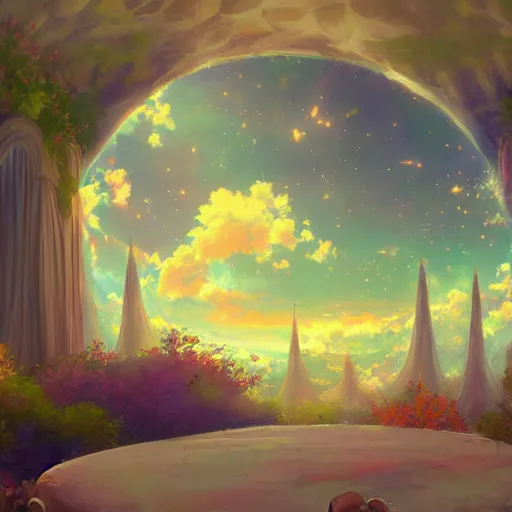 Image similar to a heavenly dream view from the interior of my cozy dream world filled with color from a Makoto Shinkai oil on canvas inspired pixiv dreamy scenery art majestic fantasy scenery fantasy pixiv scenery art inspired by magical fantasy exterior illumination of awe and wonder