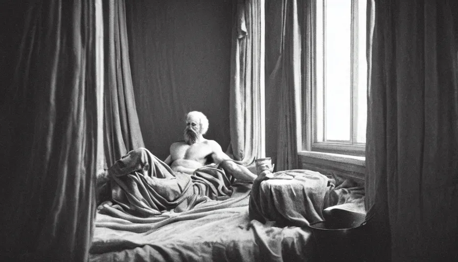 Prompt: movie still of socrates drinking hemlock in a bowl in a bed with red drapery in a neoclassical corridor, cinestill 8 0 0 t 3 5 mm b & w, high quality, heavy grain, high detail, cinematic composition, dramatic light, anamorphic, ultra wide lens, hyperrealistic, by josef sudek