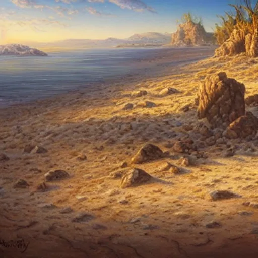 Image similar to a beautiful sand and ash landscape with rocks jutting out of the ground and a deep blue sky. dust clouds. by Peter Mohrbach and Mark Keathley, highly detailed concept art