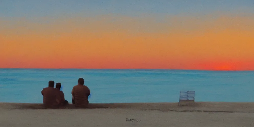 Prompt: 2 men watching the beautiful sunset together by the beach, by greg rutowski, muted colors