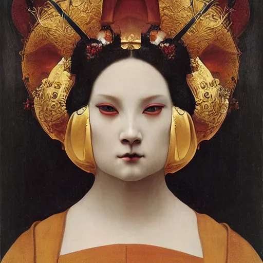 Prompt: front symmetric face of demon marble statue in japanese costume, victorian head dress, by jan van eyck, tom bagshaw, jean delville, william bouguereau, albrecht durer, symbolist painting, mysterious mood