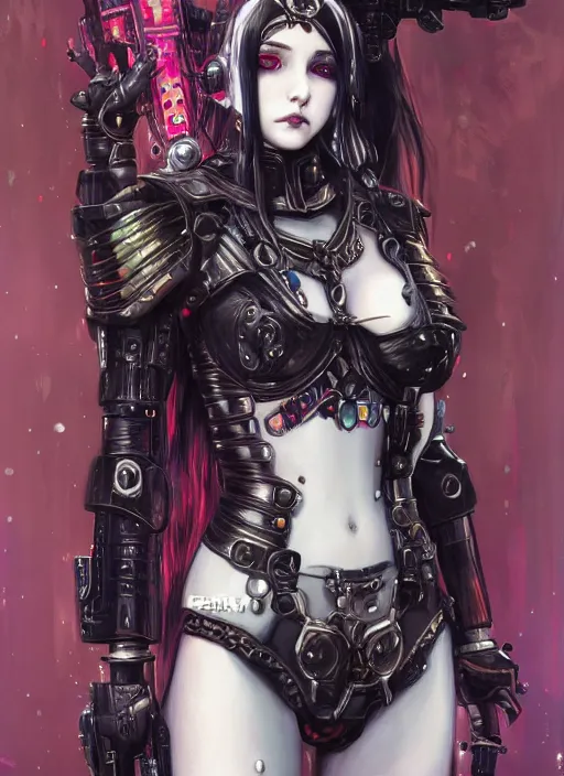 Prompt: portrait of cute beautiful young goth maiden in bikini armor, cyberpunk, Warhammer 40000, gothic, highly detailed, artstation, illustration, art by Gustav Klimt and Range Murata