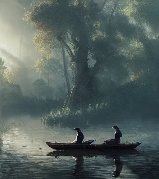 Prompt: three crows in a little boat in a swamp, volumetric lighting, majestic light, octane render, ethereal glare of the sun, hyper realistic, epic, masterpiece, by greg rutkowski