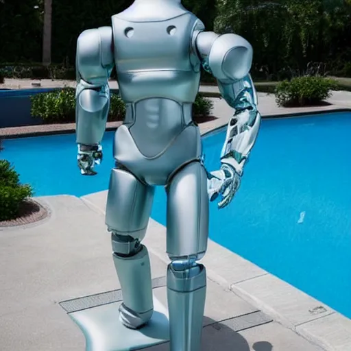 Image similar to by the pool, shiny skin, a realistic detailed photo of a guy who is an attractive humanoid who is half robot and half humanoid, showing off his muscles, twitch streamer / gamer ludwig, humanoid robot, who is a male android, on display, frozen ice statue, posing like a statue, made of ice, blank stare