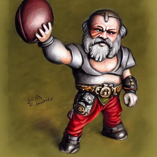 Prompt: Warhammer fantasy dwarf holding a football, by John blanche