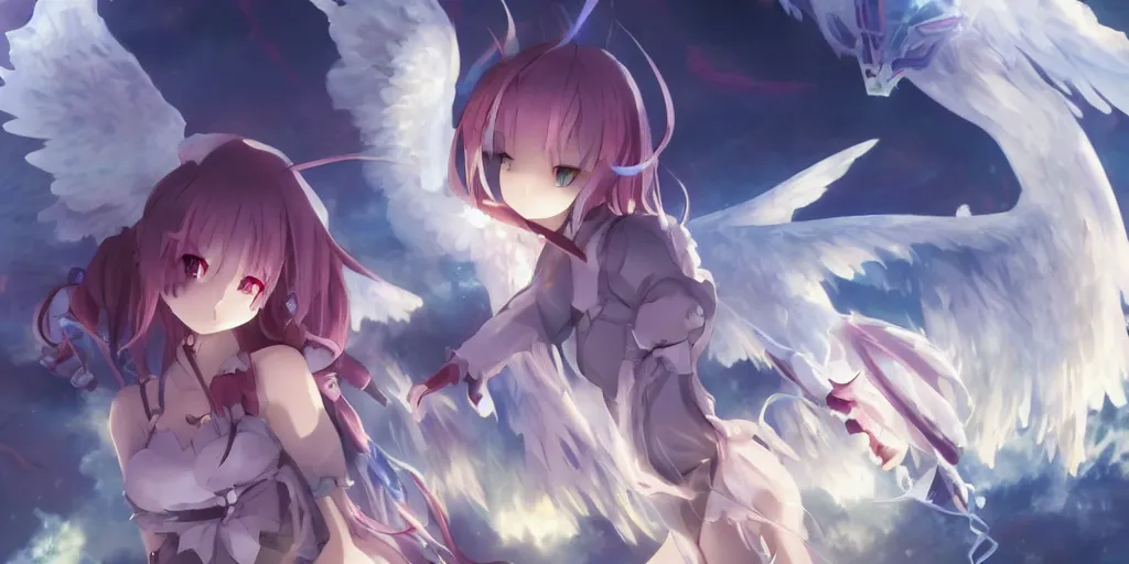 Image similar to a battle between an angel!!!!!!! anime girl and a demon made out of crystal!!!!!!!!, wide angle, cinematic lighting, highly detailed, official media, Sakimichan