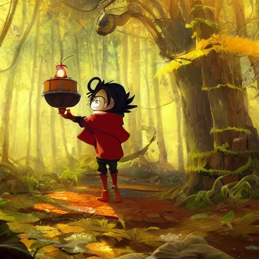 Image similar to concept art painting of an anthropomorphic luffy chipmunk wearing a yellow cloak, holding a lantern, in the deep forest, realistic, detailed, cel shaded, in the style of by isaac asimov and marc simonetti and makoto shinkai and greg rutkowski and james gurney