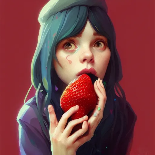 Image similar to Portrait of Madeline from celeste eating a strawberry, highly detailed, digital painting, artstation, concept art, sharp focus, illustration, art by greg rutkowski and alphonse mucha