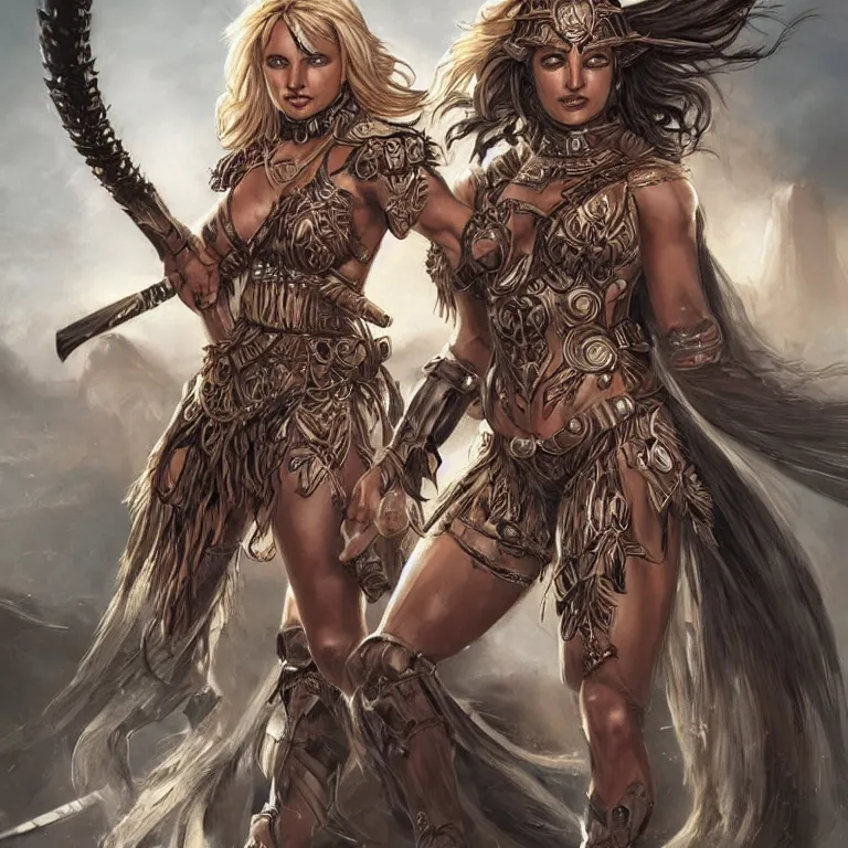 Prompt: a young britney spears as an amazon warrior, a tall beautiful woman with brown skin and long hair, dressed in hellenistic body armor, intricate, elegant, highly detailed, smooth, sharp focus, detailed face, art by ardian syaf