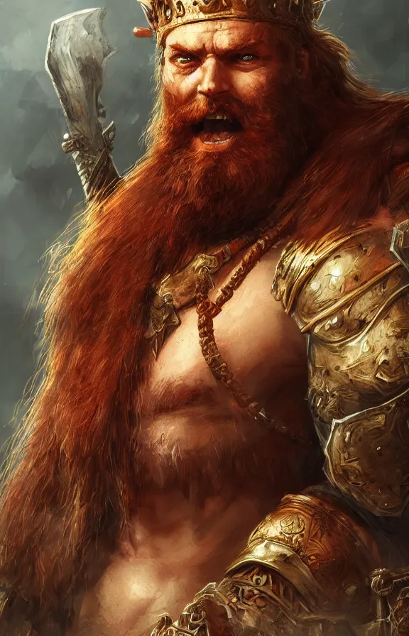 Prompt: an concept art of the barbarian bearded king, red hair, one eye, intricate details, detailed face, detailed armour, artstation, epic pose, ambient light, by rembrandt