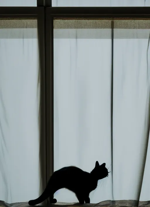 Image similar to a cat silhouette behind a transparent window curtain