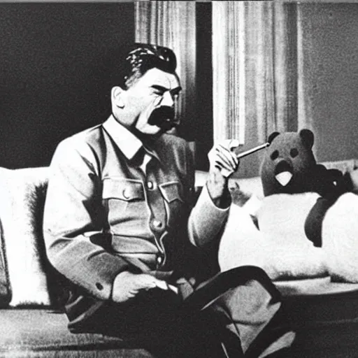 Prompt: professional picture of Joseph Stalin smoking a joint and sitting next to an anthropomorphic teddy bear on a couch, dslr, cinematic, detailed and realistic face,