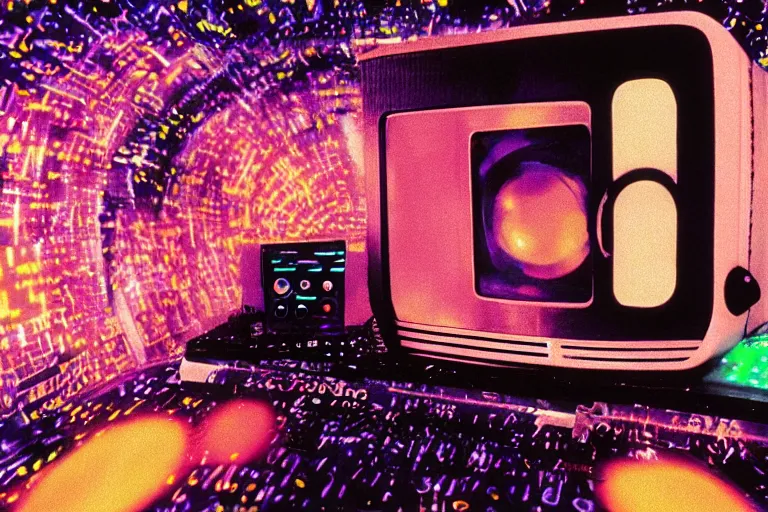 Prompt: toaster emerging from a space portal in cyberspace, fractal, in 1 9 8 5, y 2 k cutecore clowncore, bathed in the glow of a crt television, crt screens in background, low - light photograph, in style of tyler mitchell