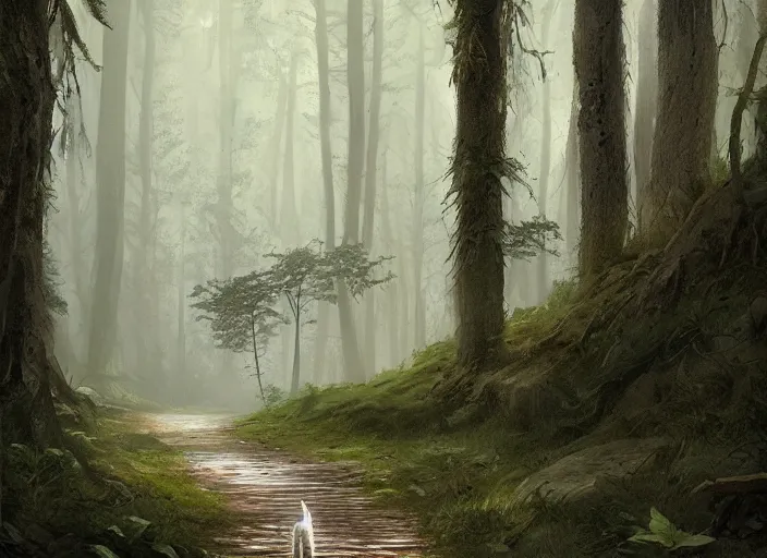 Prompt: a beautiful wolf on a pathway in a forest, lush trees, a fantasy digital painting by greg rutkowski and james gurney, trending on artstation, highly detailed