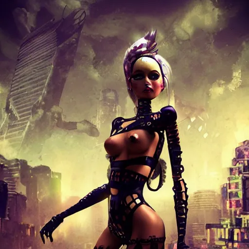 Prompt: Ultrarealist aesthetic detailed face portrait of a dollpunk wearing Abstract tech bodysuit, in front of a ruined city, epic exquisite character art, focus, looking at camera, accurate symmetric features proportions, golden ratio, ultra intricate details, award winning, unreal render