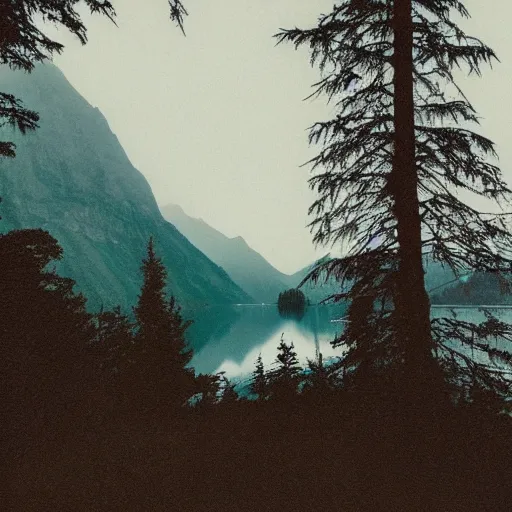 Prompt: lake lake, mountains, dark, dangerous, trees, low light, horror, atmospheric, vintage photography, film